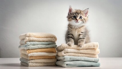 A fluffy kitten perched atop a neatly stacked pile of soft, plush towels, a picture of domestic comfort and cleanliness