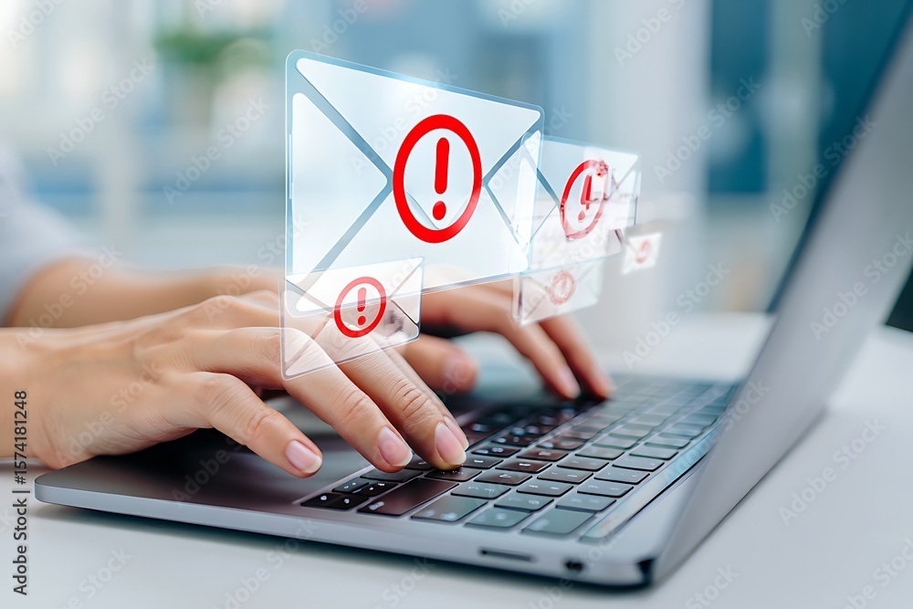 Poster person typing on a laptop with glowing digital envelopes displaying red exclamation marks indicating