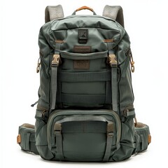 Durable green hiking backpack with multiple compartments, straps, and padded shoulder and waist belts for comfortable outdoor adventures.