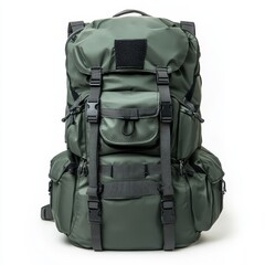 A rugged green tactical backpack with multiple compartments and adjustable straps, designed for outdoor activities and heavy-duty use.