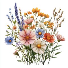 A vibrant bouquet of various wildflowers including pink, blue, orange, and white blooms with green stems and leaves, illustrated in a delicate, detailed style.