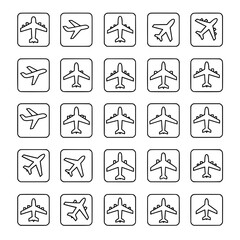 Collection of outline airplane icons, symbolizing air travel, aviation, flight, and global transportation.