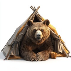 A realistic brown bear rests inside a traditional teepee tent, blending wildlife with camping elements in a unique, imaginative scene.