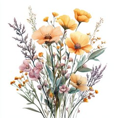 A delicate bouquet of watercolor wildflowers in soft oranges, pinks, and purples with green leaves, featuring a natural, airy composition on a white background.