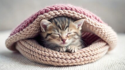 Peaceful Kitten Napping in a Cozy Hand-Knitted Sweater, Dreaming Sweet Dreams Under Soft Yarn