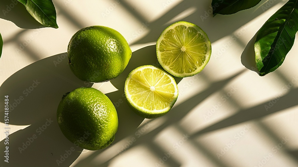 Poster limes with fresh leaves and shadow pattern top view image. green sour citrus fruits on light surface