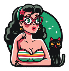 Retro Cartoon Style Woman Reading with Cat in Vintage Aesthetic Design
