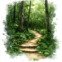 A serene forest path winds upward through lush greenery and tall trees under soft, natural light.