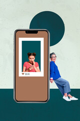 Contemporary artwork collage of happy girl guy stand phone heart notification icon social media...