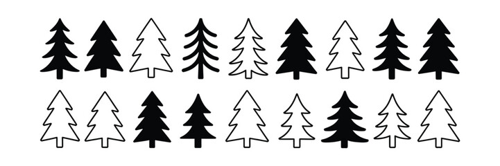 Line Art Fir Trees Vector, Black and Outline Christmas Tree Silhouettes