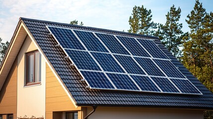 Fototapeta premium Solar panel wind resistance modern home rooftop installation secure mounting brackets wooden house green trees stable solar panels