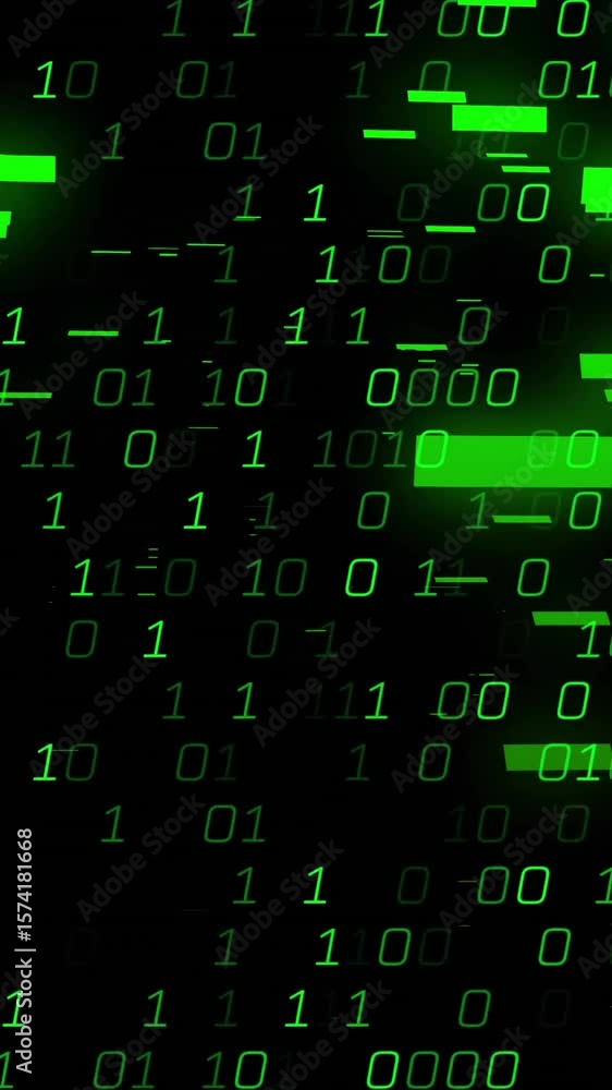 Poster Binary code and data processing animation with green numbers on black background