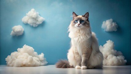 A Fluffy Ragdoll Cat Poses Amidst Whimsical Clouds, a Serene and Dreamlike Scene