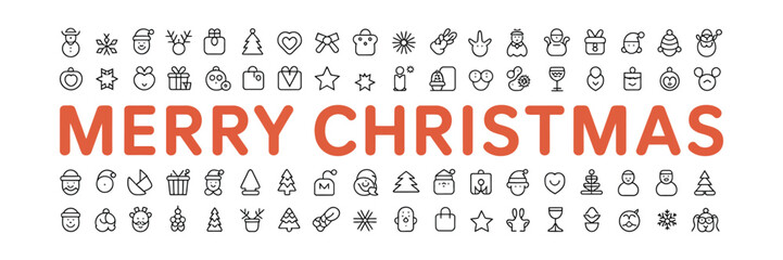 Merry Christmas Text with Outline Icons of Xmas on a White Background Design