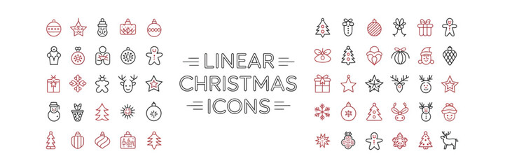Obraz premium Linear Christmas Icon Set Featuring Red and Black Ornament, Tree, Gift, Star Icons