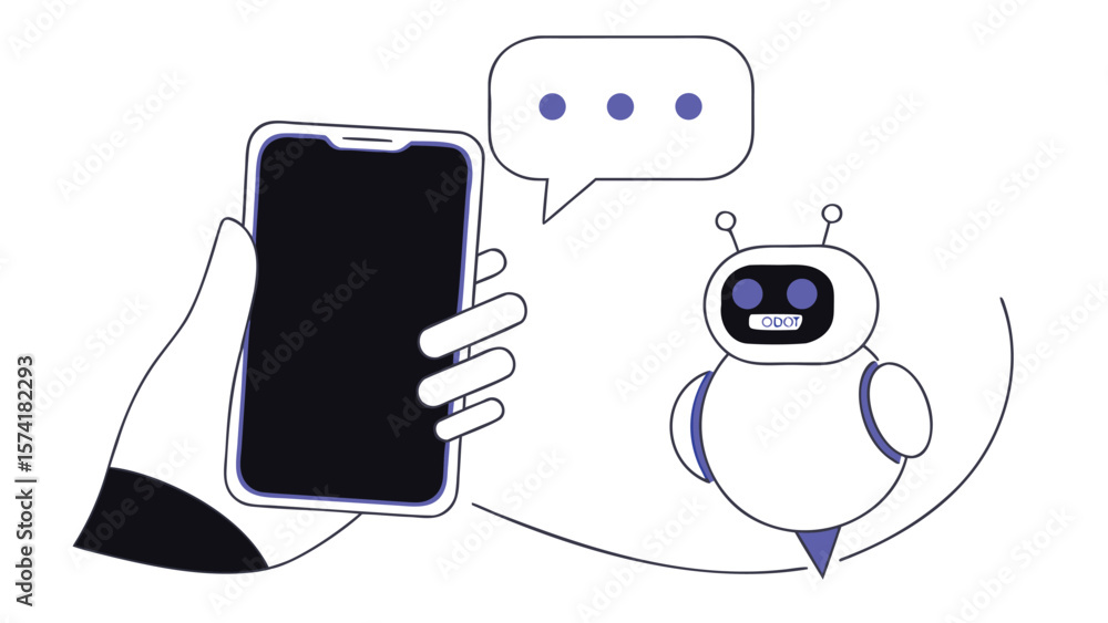 Poster chatbot communication with smartphone in hand showing artificial intelligence technology concept ill