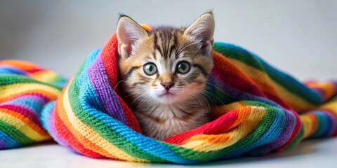 A tiny kitten nestled in a vibrant rainbow striped blanket, a symbol of warmth, comfort, and playful energy