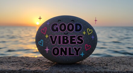 Inspirational stone with good vibes only message at sunset beach
