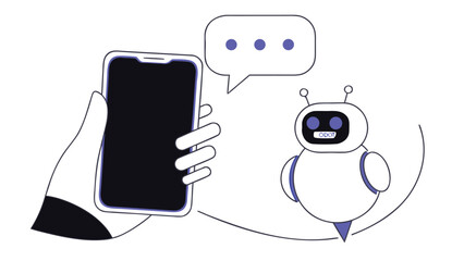 Chatbot communication with smartphone in hand showing artificial intelligence technology concept illustration