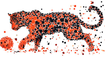 abstract watercolor artwork red black and brown polka dots forming shape playful tiger running and kicking ball. Isolated on white background