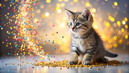 A curious kitten amidst a flurry of vibrant confetti, bathed in the warm glow of sparkling lights, a captivating scene of playful innocence and festive joy.
