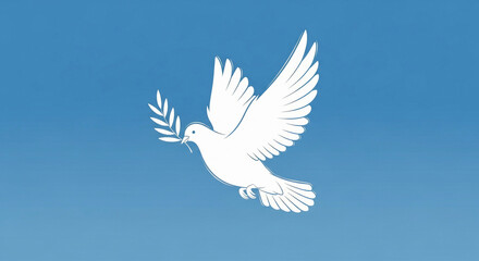 Fototapeta premium White Dove with Olive Branch Flying in Clear Blue Sky – International Day of Peace Illustration