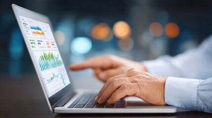 Data Analysis: An individual meticulously analyzes financial data, their fingers gracefully poised over the laptop, focusing on the analytical dashboard.