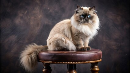 A fluffy feline with striking blue eyes sits majestically upon a rich brown leather stool, a portrait of elegance and feline grace.