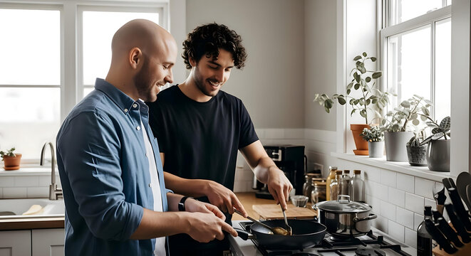 men and men LGBTQ pride month couple cooking in the kitchen.