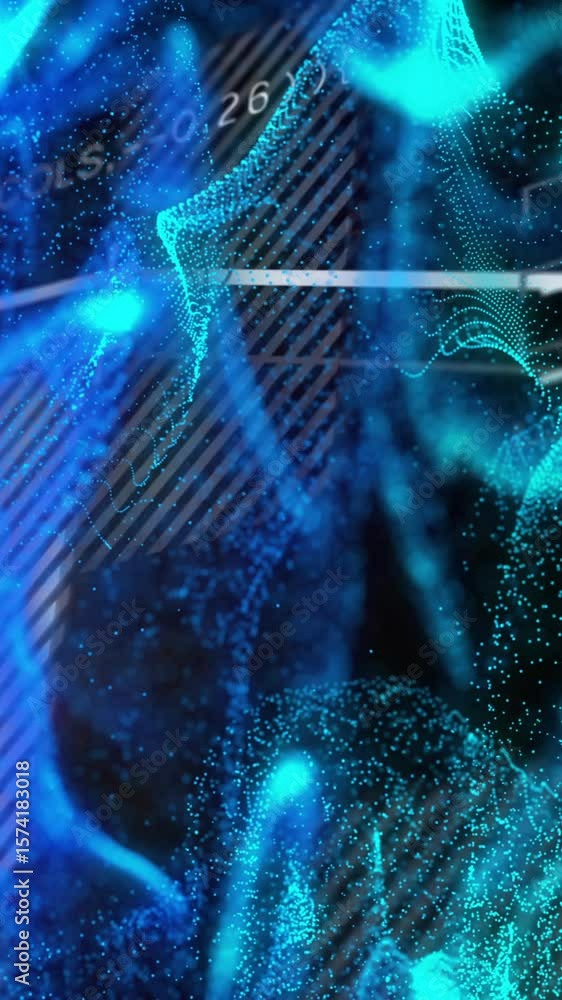 Poster abstract blue and green particles forming dynamic waves, digital data animation