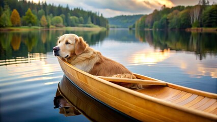 Golden Retriever relaxing in a wooden canoe on tranquil lake at sunset, enjoying peaceful nature scenery