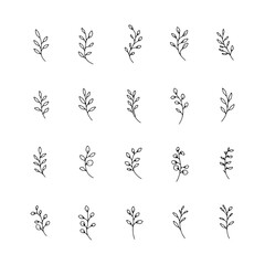 Balanced Botanical Forms. A collection of simple botanical twigs arranged in a harmonious structure, combining minimal lines and gentle leaf shapes.