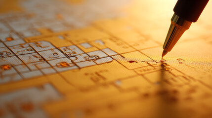 Close-up of a fountain pen delicately pointing at a detailed architectural blueprint