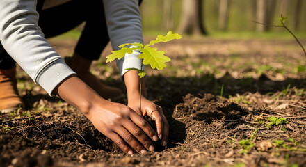 Close up of hands planting a tree