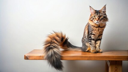 A long-haired feline with a magnificent tail sits serenely on a simple wooden shelf against a neutral backdrop