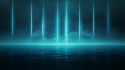 Futuristic blue light beams reflect on calm water in dreamy sci fi landscape at night