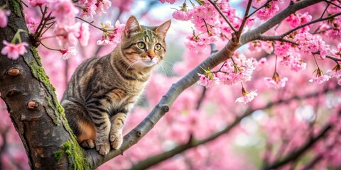 A Tabby Cat Perched on a Branch Amidst a Delicate Shower of Pink Blossoms, a Serene Springtime Scene