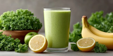 Fototapeta premium Fresh green smoothie with kale, banana, and lemon on a kitchen counter