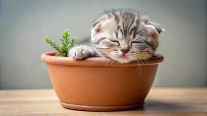 A tiny kitten naps peacefully nestled within a terracotta planter, a small green sprout beside it