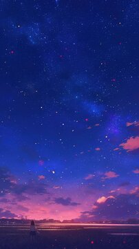 Beautiful night sky filled with stars and colorful clouds over a serene landscape at twilight. Loop animation