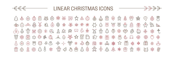 Set of Outlined Christmas Icons, Celebration Elements, Festive Decorations on White