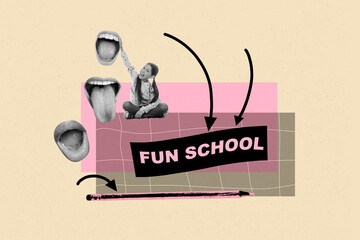 Trendy art creative full pop photo collage of happy schoolgirl sit mouth show tongue fun school...