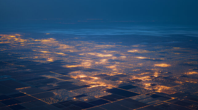 Aerial view of glowing greenhouses in a dark rural landscape - Powered by Adobe
