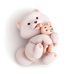 3d render of cute kawaii funny fluffy cartoon playful samoyed puppy with dot eyes, smiling face, lying on his back, plays, hugs a toy bear with front soft paws having fun. Top view on white background