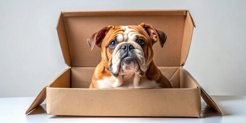 A curious canine companion sits patiently inside an open cardboard box, its expressive eyes gazing intently ahead.