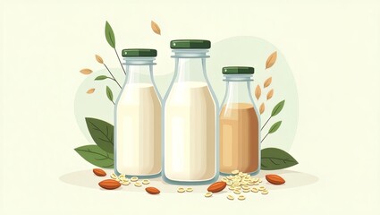  Variety of Plant-Based Milks in Glass Bottles with Ingredients