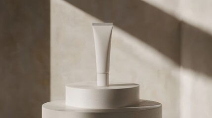 Empty cream tube on a tiered display stand.
