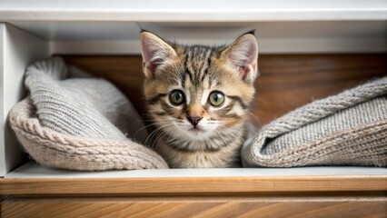 A curious tabby kitten peeking from behind cozy knitted sweaters nestled in a wooden drawer