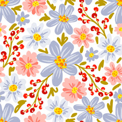 Delicate floral vector seamless pattern. Pink, purple flowers, red berries on a white background. For fabric prints, textile products, summer clothes.