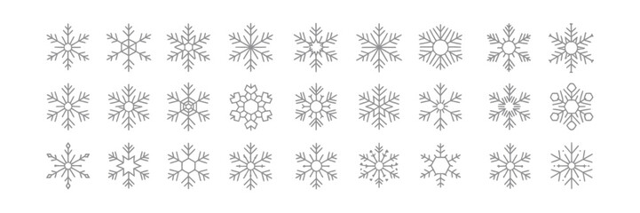 Snowflakes Line Art Vector, Various Silver Winter Snow Crystal Shapes on White